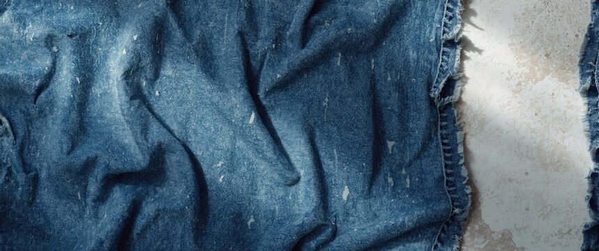 Faded blue denim jeans fabric with large torn holes and frayed edges