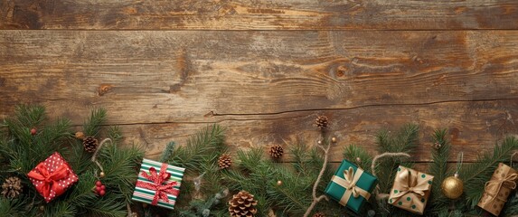 Obraz premium Distressed timber backdrop featuring fresh holiday pine branches and gift bundles allowing copy space