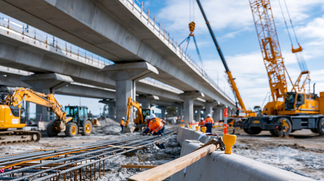 Large concrete overpass project at a busy intersection before completion, cranes, excavators, tractors, and workers coordinating foundation work beneath temporary barriers, detailed
