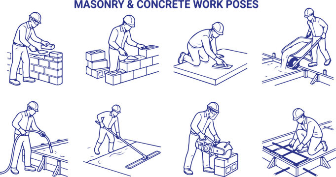 Masonry and concrete worker in various poses, vector illustration on transparent background.