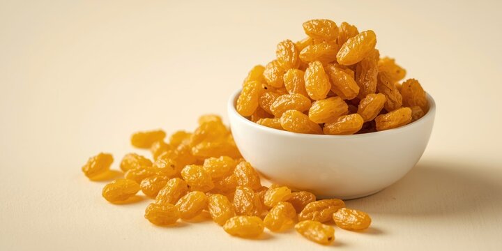 Close view of golden raisins stacked in a white bowl with extra raisins spread on a soft creamy background