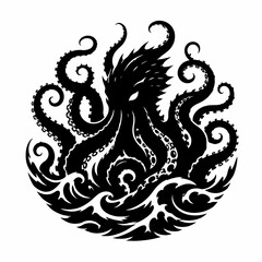 Fototapeta premium Dynamic illustration of a mighty sea creature with formidable tentacles, emerging from turbulent ocean waves in a powerful and captivating circular emblem design, perfect for themed projects