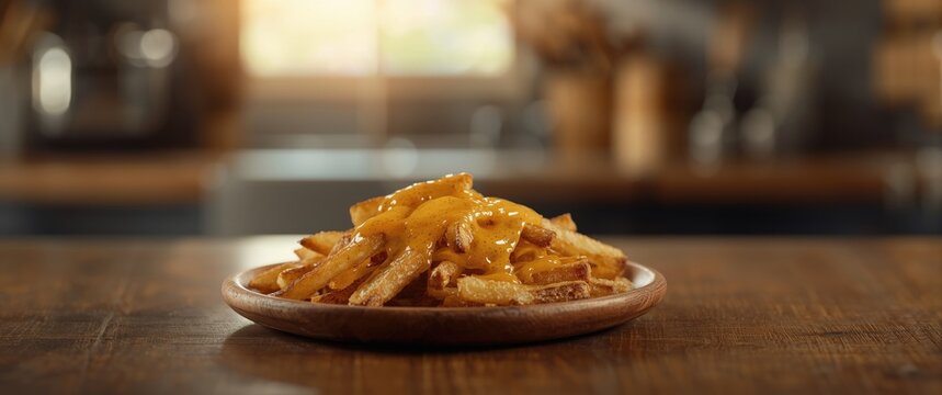 Delicious fries with gooey cheese topping artfully placed on a wooden plate