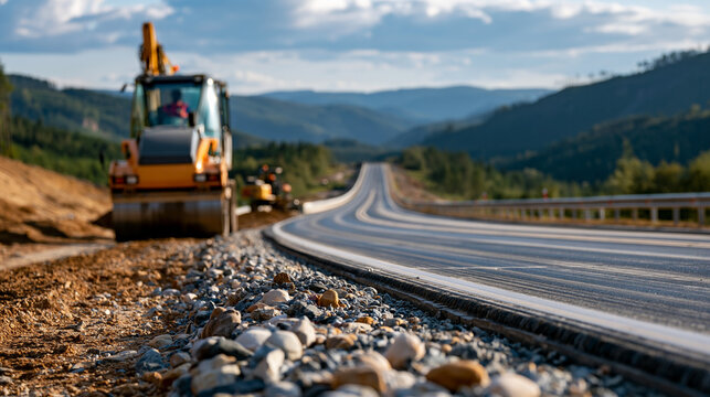 Major highway project with heavy construction machinery building roadbed layers and asphalt pavement across a wide transportation corridor, highway project, roadbed layers, asphalt paving,
