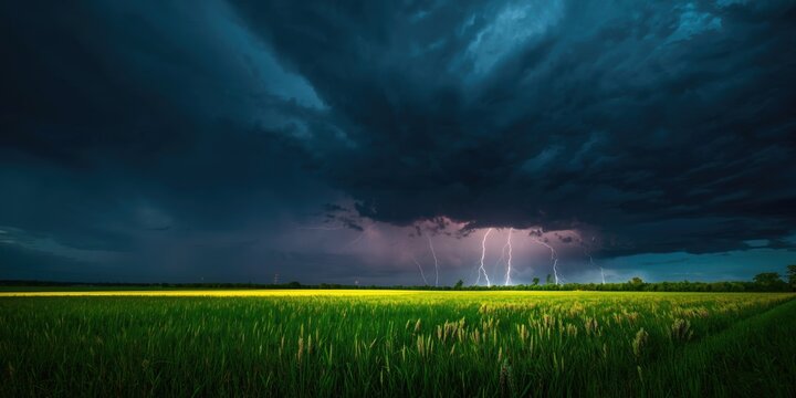 Field brightly illuminated during a thunderstorm lightning hit