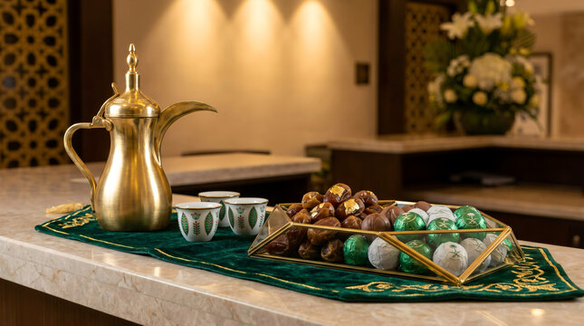 Luxurious Saudi National Day hospitality setting featuring a golden Dallah, premium dates, and festive chocolates on an emerald green velvet runner in an upscale modern interior.