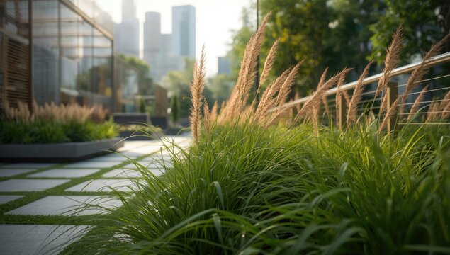 Decorative Panicum grass with bright foliage near fences in modern city garden layouts