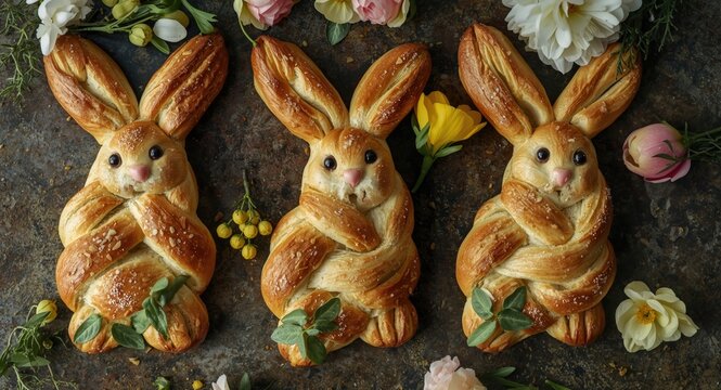 Festive Easter braided breads shaped like bunnies with spring flowers including hellebores and mimosa