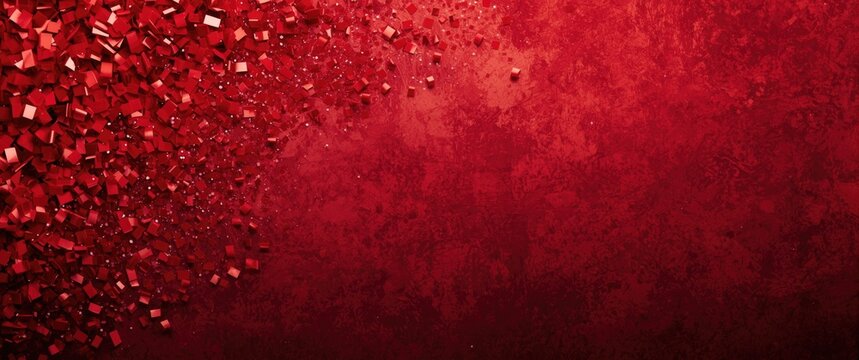 Festive bright red confetti on textured ruby red backdrop with generous copy space