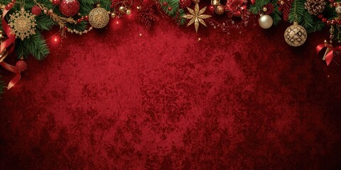 Obraz premium Deluxe red velvet textured wallpaper presenting Christmas decorations with empty space