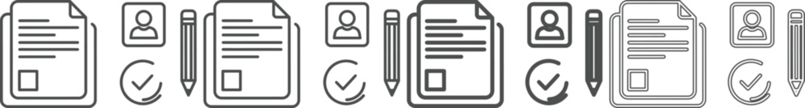 Line icons of documents with check marks and pencils for business and administration tasks  vector graphics