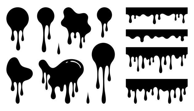 Set of black liquid drips, paint splashes, and melting borders