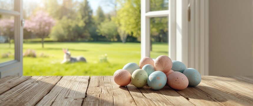 Decorative Easter eggs positioned on a timber table by an open window highlighting a sunny landscape of green lawn and trees