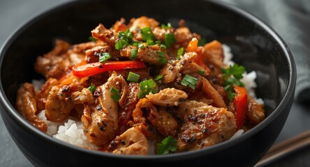 Fototapeta premium Close-up of flavorful pulled chicken with vibrant vegetables served on rice in a sleek black bowl