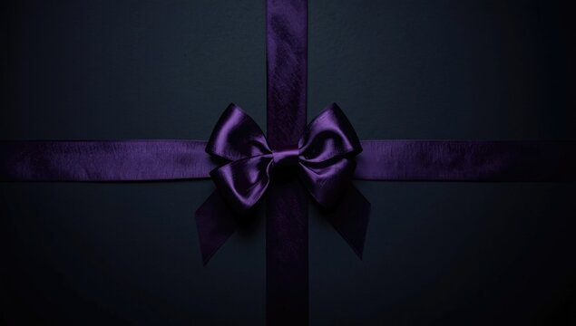 Dark setting with an elegant purple satin bow and matching ribbon wrapping