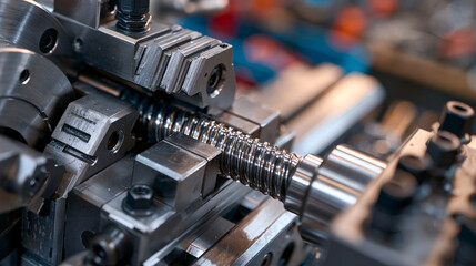 Naklejka premium Lathe compound rest slide mechanism, threaded leadscrew detail, CNC turning center cross slide, precision machined steel surface, machine tool saddle component macro, workshop engineering equipment 