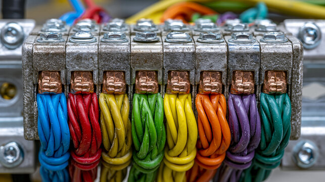 Industrial junction box wire termination strip, multi conductor splice block, electrical panel wiring detail macro, copper terminal connections, workshop installation engineering component close, co
