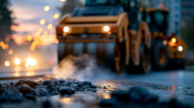 Asphalt road roller pressing hot pavement on a new roadway, steel drum leaving a dense smooth finish while steam rises in the morning light, asphalt compaction, road roller, fresh pavement,