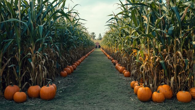 Colorful entrance to a corn maze marked by pumpkins and corn stalks