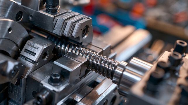 Lathe compound rest slide mechanism, threaded leadscrew detail, CNC turning center cross slide, precision machined steel surface, machine tool saddle component macro, workshop engineering equipment 