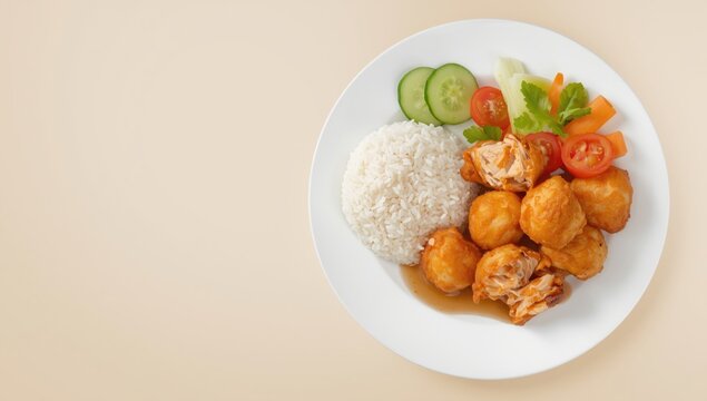 Crunchy spicy chicken nuggets served alongside aromatic rice and fresh garden vegetables on a white plate featuring Thai food culture