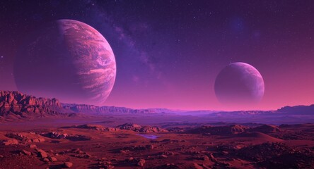 Obraz premium Digital painting of a Mars terrain under a violet starry sky with multiple large planets and meteor showers