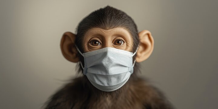 Close up of monkey model with medical mask for monkeypox awareness and copy space