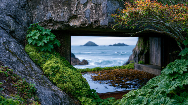 Overgrown artillery fortification embrasure opens through a coastal cliff-edge battery wall, reinforced concrete spalling under salt weathering, interior magazine chamber flooded with tidal accumula