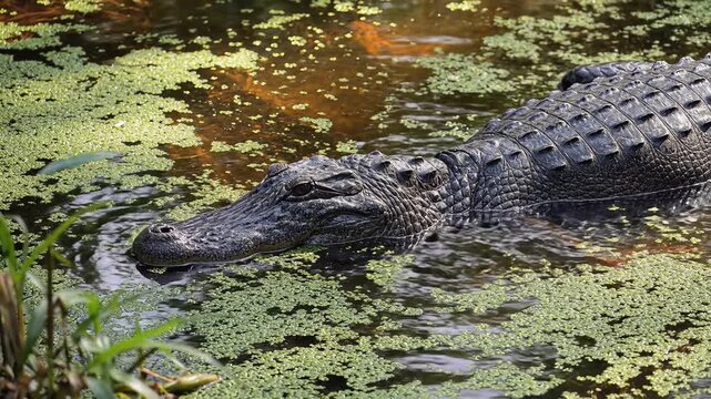 A powerful alligator, a formidable apex predator, navigates the murky, algae-laden waters of its natural swamp habitat, embodying wild resilience
