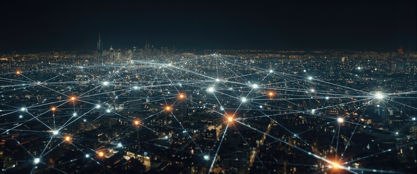 Conceptual illustration of intelligent network links spanning a glowing metropolitan area at night