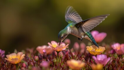 Naklejka premium Energetic hummingbird with shining feathers hovering and drinking rainwater by flowering ground plants