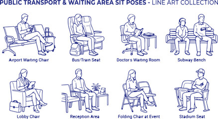 Obraz premium Public transport and waiting area sit poses line art collection featuring airport bus train doctors subway chairs and lobby reception folding stadium seats.