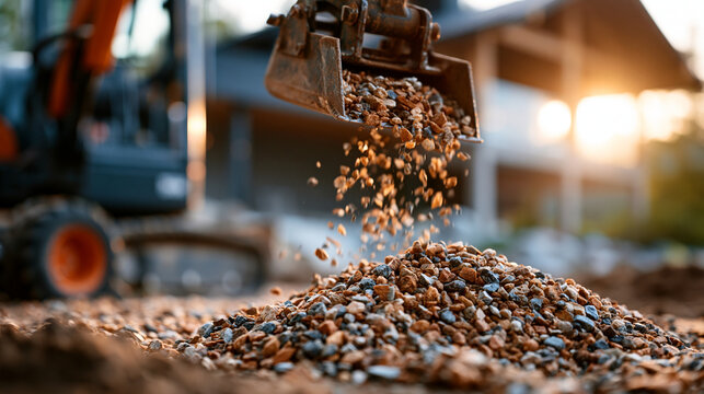 Construction equipment pouring gravel onto ground during a home improvement driveway project, small worksite with compact machinery and textured stone detail, gravel driveway, home
