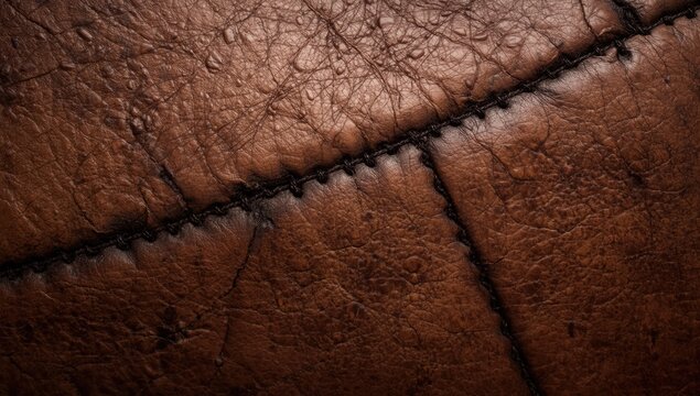 Elevated view of scarred zombie leather skin with dark brown thread sewn across surface