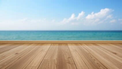 Fototapeta premium Hardwood floor with natural grain and smooth texture in front of marine water and sky