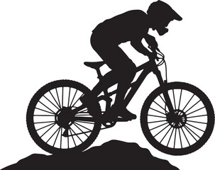 Obraz premium Silhouette of a mountain biker riding on rocky terrain at sunset, extreme sports outdoor adventure lifestyle concept isolated on white