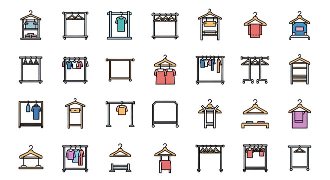 Collection of various clothing racks and hangers with garments.