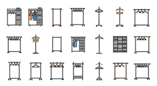 Collection of various clothing racks and wardrobes for apparel storage.