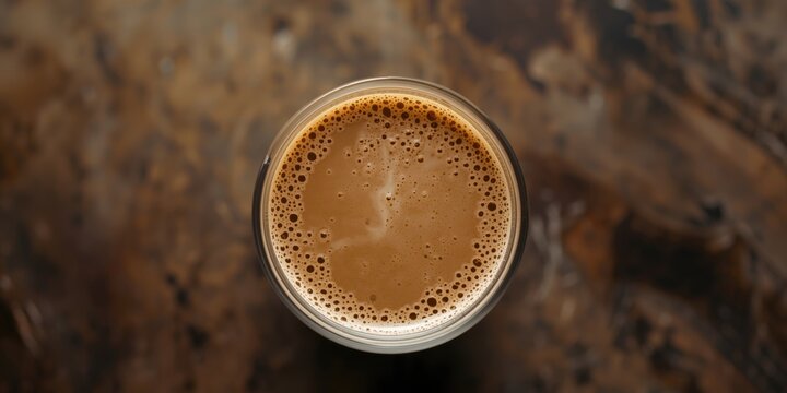 Cup of hot milk tea in glass captured from a top angle view
