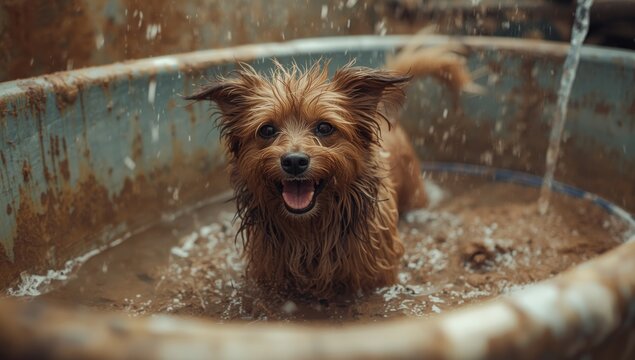 Energetic dog enjoying bath time in a tub covered with wet dirt and sand