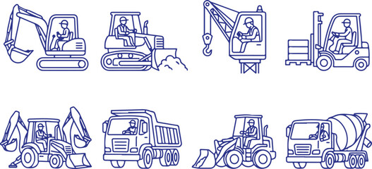 Construction heavy duty machinery outline icons set on transparent background for graphic design building industry engineering vehicles. © Sadhin