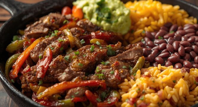 Colorful beef fajitas with saut&Atilde;&copy;ed onions and bell peppers served alongside guacamole rice and beans