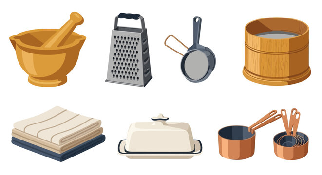 Collection of various kitchen utensils and household items.