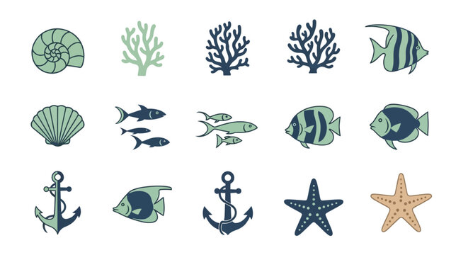 Collection of various marine life and nautical elements in a hand-drawn style.