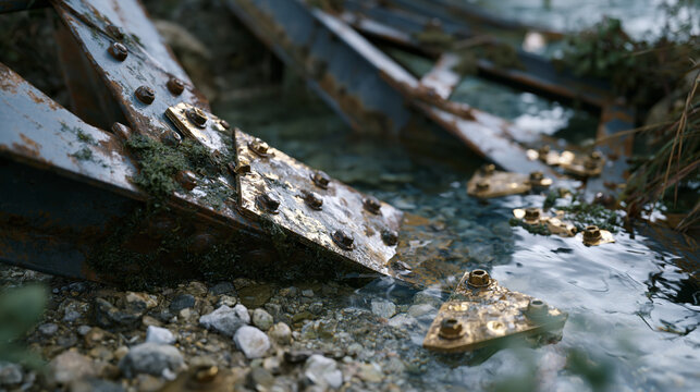 Truss bridge wreckage settles into a gravel riverbed, steel I-beam sections twisted by hydraulic force, bolted connection plates scattered downstream, algae colonizing submerged structural steel, do