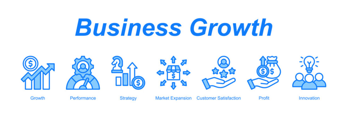 Business Growth banner web icon vector illustration concept with an icon of Growth, Performance, Strategy, Market Expansion, Customer Satisfaction, Profit, Innovation 