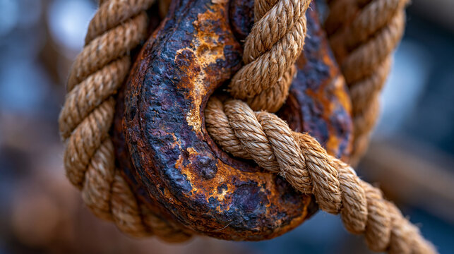 Vintage cast iron block and tackle pulley system, hemp rope threaded through swivel sheave, maritime rigging equipment, barnacled iron surface, sailing vessel hardware macro, weathered nautical mech