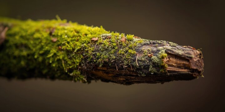 Detailed texture of a green moss covered deteriorating branch side angle