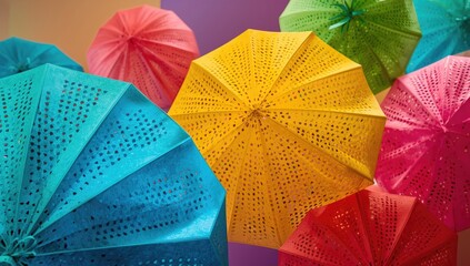 Obraz premium Colorful polygonal Papel Picado design with detailed perforated textures on lively colored backdrop for event promotional materials