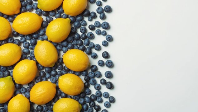 Freshly picked lemons alongside blueberries arranged to showcase vibrant food colors